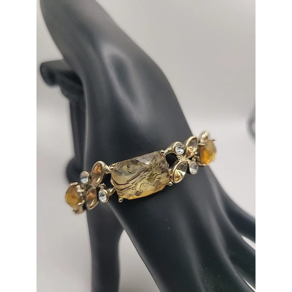 Napier Bracelet Gold Tone Amber Glass Rhinestone Link Statement Vintage Style - Picture 2 of 10